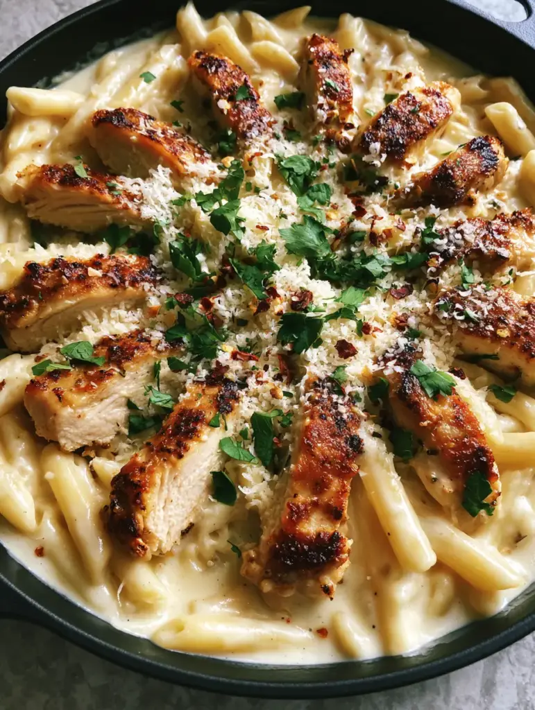 High-angle view of a cast iron skillet with penne pasta, ivory cream sauce, and micro-grated parmesan.