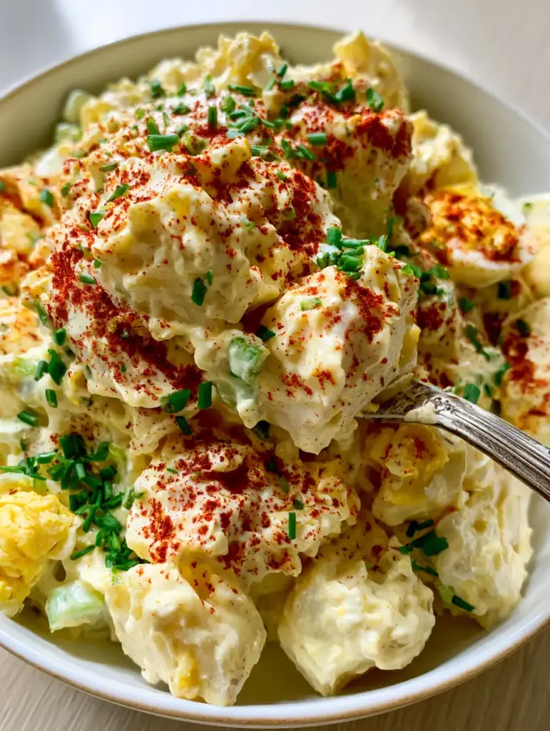 Southern Potato Salad: The Ultimate Creamy Yukon Gold Recipe 1 Overhead shot of southern potato salad in a rustic white ceramic bowl with vivid red paprika and celery bits.