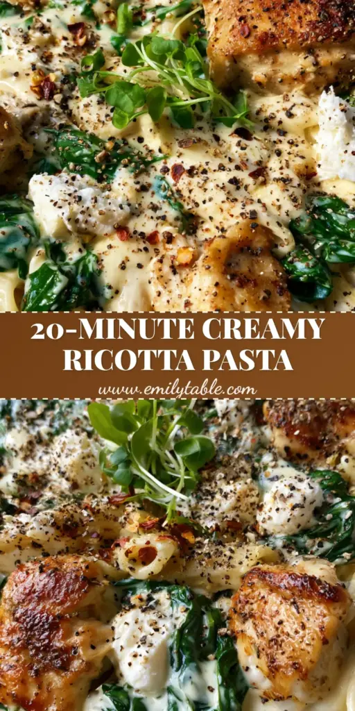 A top-down angled photo of Creamy Ricotta Chicken Pasta in a black skillet, featuring golden chicken and white ricotta dollops.