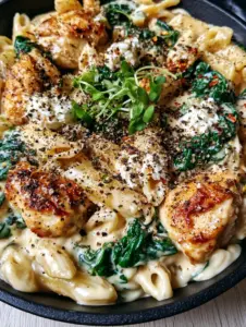 Close-up of glossy ivory ricotta sauce coating penne pasta with seared chicken. (Creamy Ricotta Chicken Pasta)