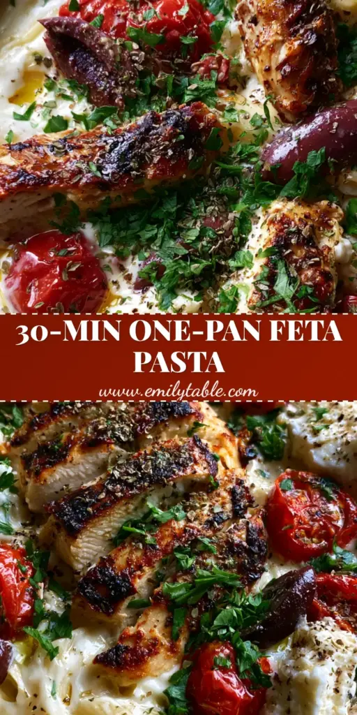 A top-down view of Mediterranean Chicken Feta Pasta in a cream pan with seared chicken and blistered tomatoes.