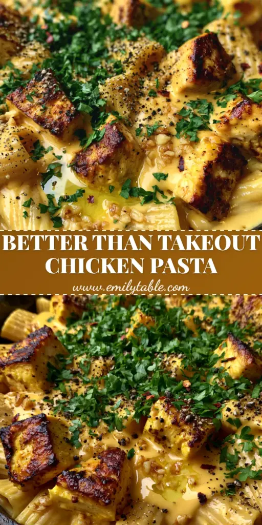 A top-down view of Velveeta garlic chicken pasta in a cast iron skillet, featuring golden chicken and glossy cheese sauce.