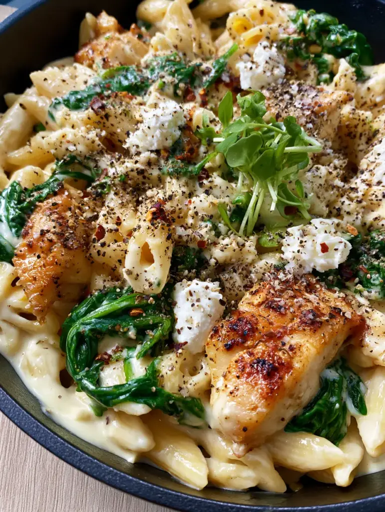 Matte black skillet filled with Creamy Ricotta Chicken Pasta garnished with micro-basil and red pepper flakes.