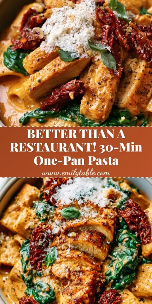 A top-down view of tomato spinach chicken pasta with rigatoni, golden chicken, and a thick orange sauce in a ceramic bowl.