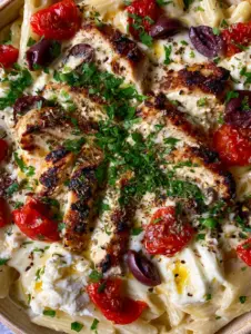 Macro shot of glossy feta sauce coating penne pasta with seared chicken slices and olives. (Mediterranean Chicken Feta Pasta)