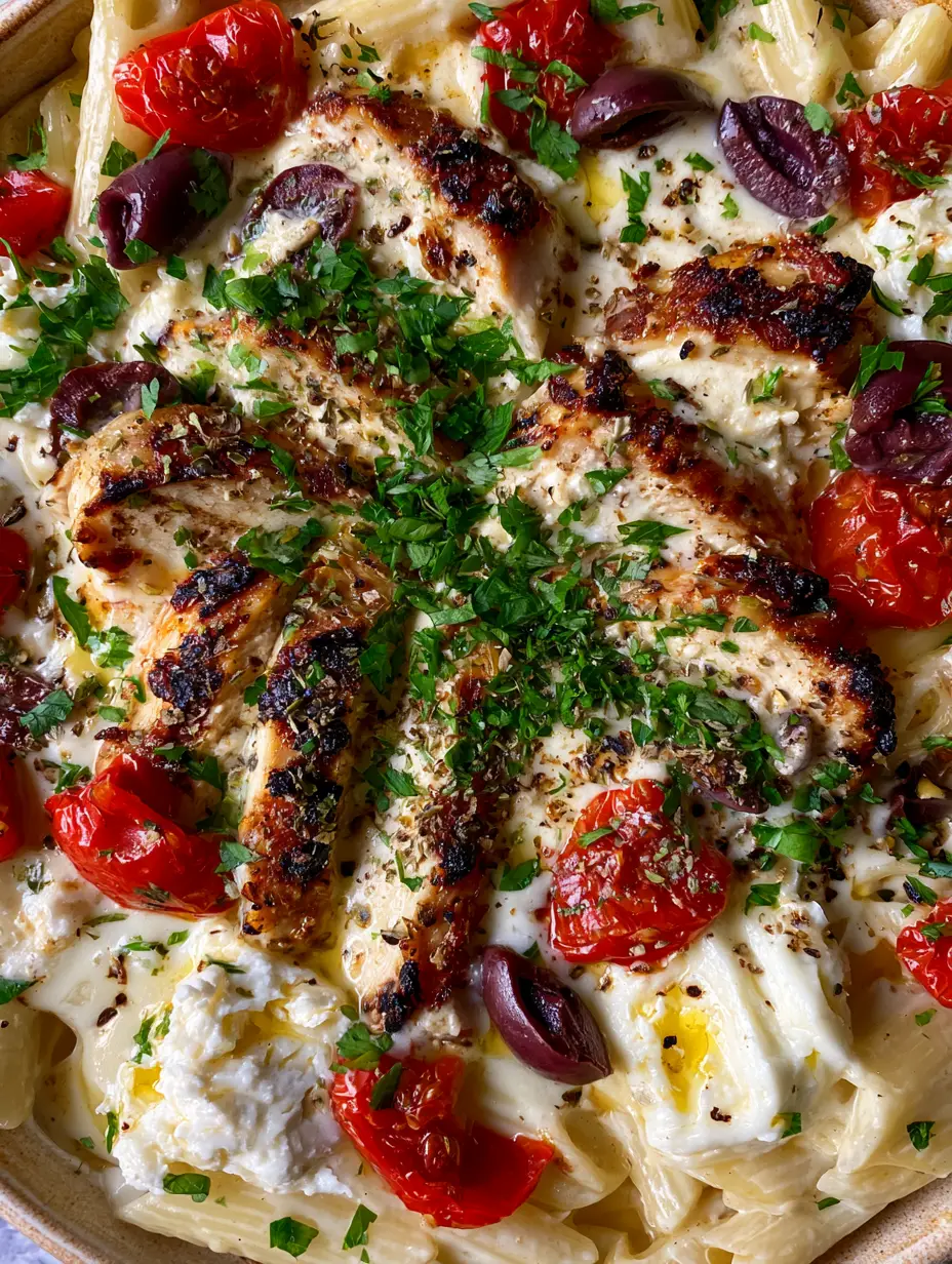 Macro shot of glossy feta sauce coating penne pasta with seared chicken slices and olives. (Mediterranean Chicken Feta Pasta)