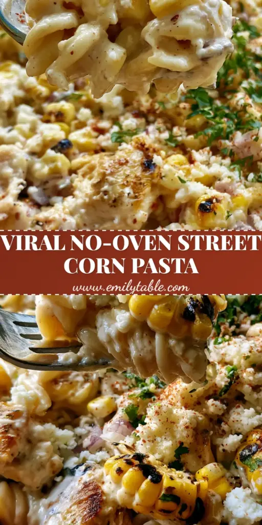 A close-up shot of Mexican Street Corn Chicken Pasta Salad in a terracotta bowl featuring charred corn and creamy dressing.