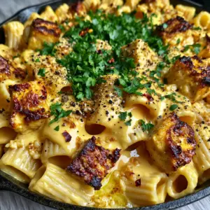 A macro shot of glossy golden Velveeta cheese sauce coating rigatoni pasta and seared chicken cubes.