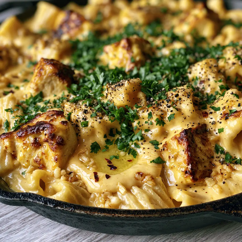 Close up of deeply seared chicken breast cubes and minced garlic in a Velveeta pasta dish.