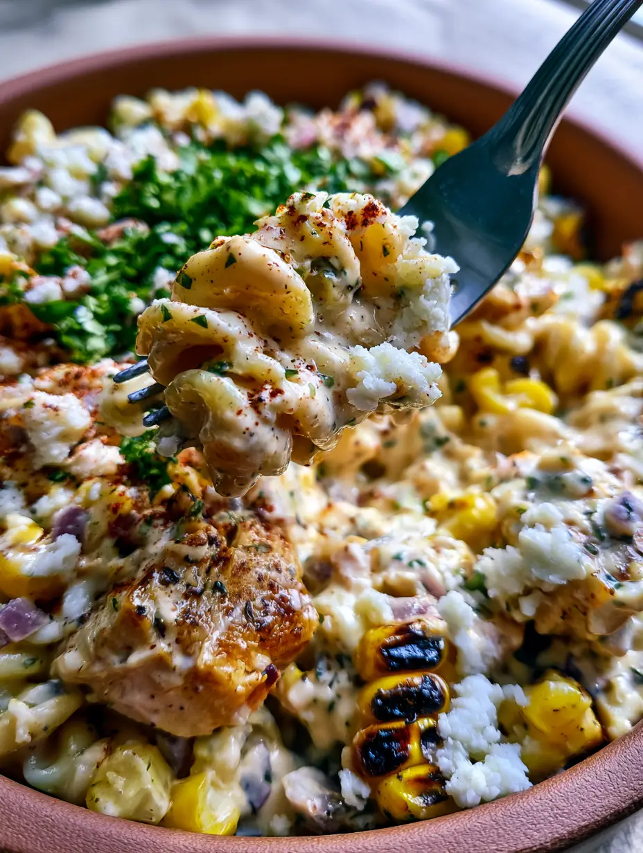 Macro handheld photo of Mexican Street Corn Chicken Pasta Salad with a fork lifting rotini pasta.