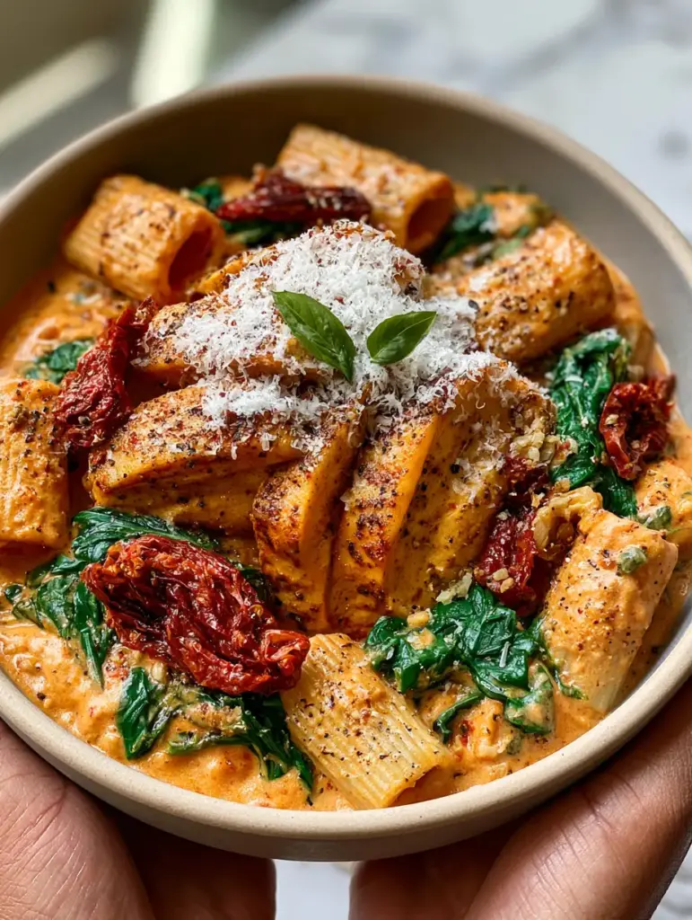 Visual details of the tomato spinach chicken pasta including fresh basil and snowy parmesan cheese dusting.