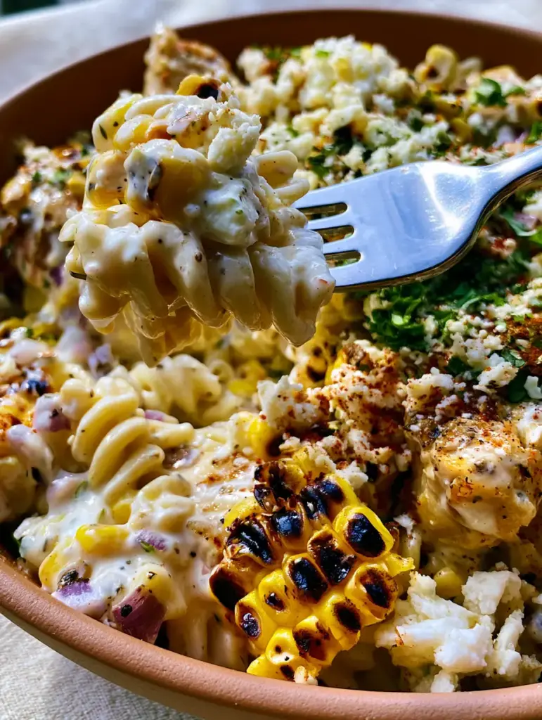A shallow terracotta bowl filled with Mexican Street Corn Chicken Pasta Salad, cotija cheese, and cilantro.