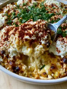 A smartphone photo of Mexican Street Corn Casserole showing the charred kernels and bubbling Monterey Jack cheese surface.
