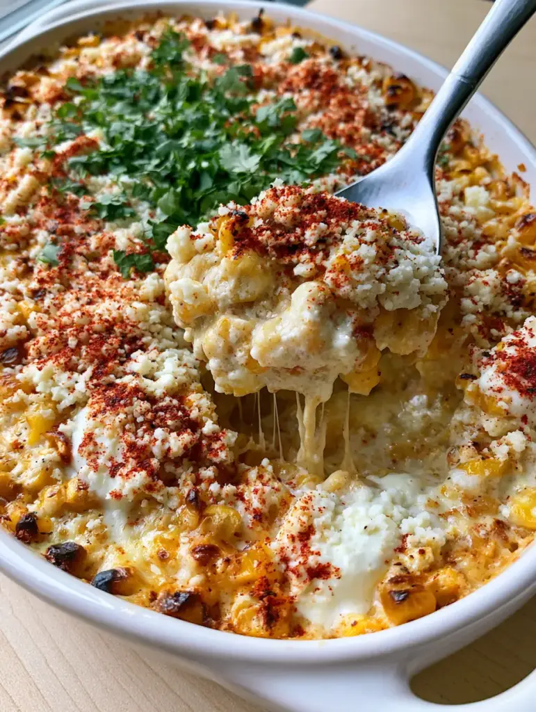 Close-up of a metal spoon lifting a scoop of Mexican Street Corn Casserole with long cheese strings and thick lime crema dollops.