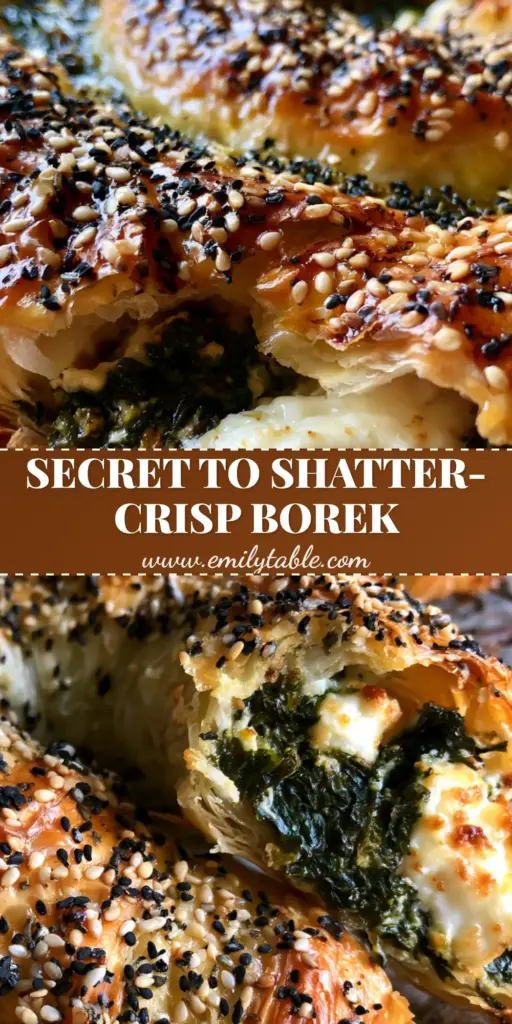 A freshly baked Turkish Borek spiral with shattered golden phyllo and sesame seeds on a rustic rack. (Borek recipe)