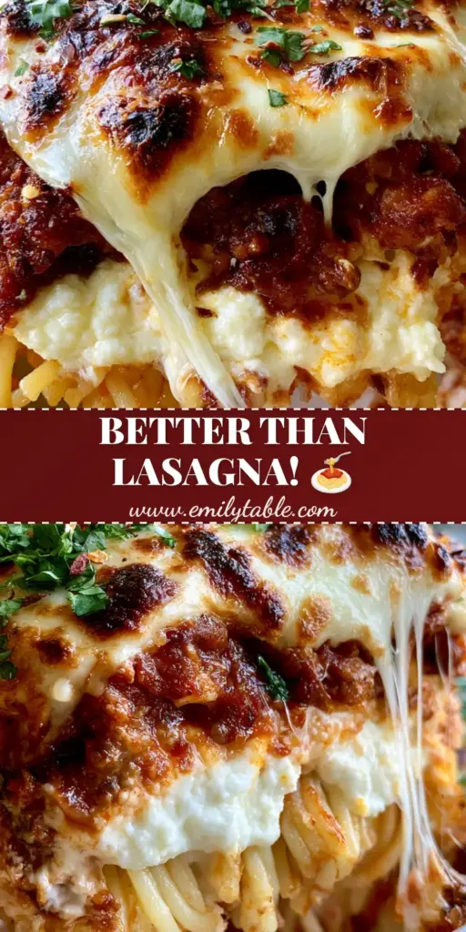A vertical shot showing a close-up scoop of baked Million dollar spaghetti with a massive cheese pull and layers of red sauce and white cheese.