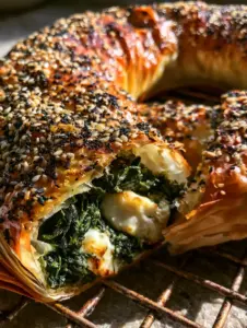Extreme close-up of Borek recipe showing shattered golden-brown layers and nigella seeds.