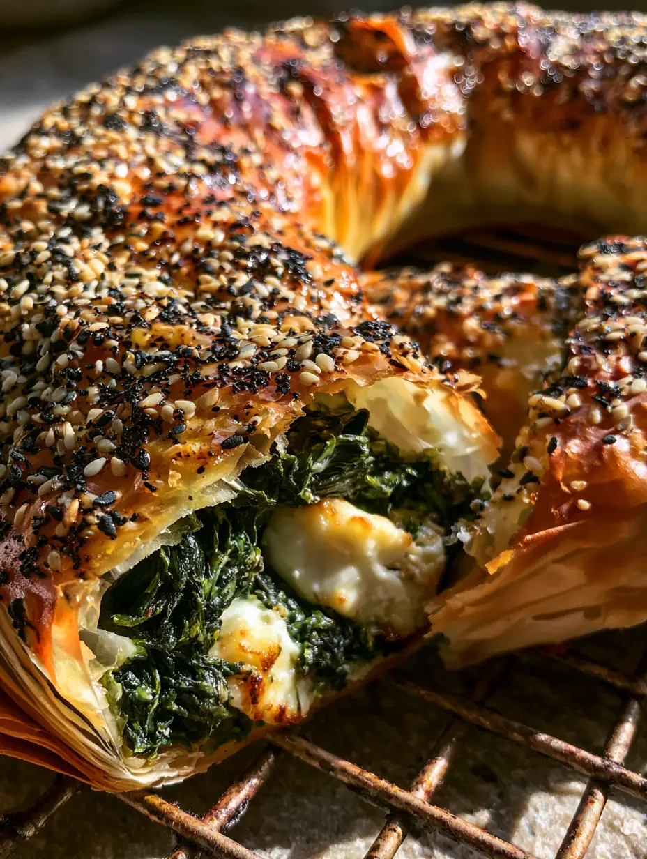 Extreme close-up of Borek recipe showing shattered golden-brown layers and nigella seeds.