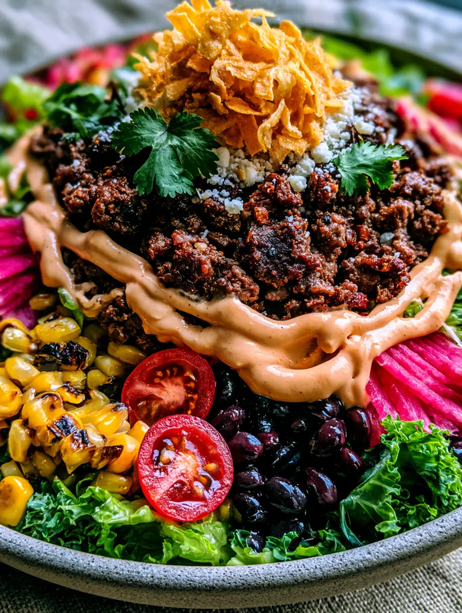 Macro close-up of seared ground beef crumbles with caramelized edges on a bed of romaine and kale. (taco salad)