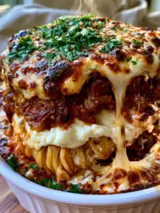 Extreme close up side view of a large scoop of Million dollar spaghetti being lifted, showing al dente noodles, white cream cheese layer, and red bolognese.