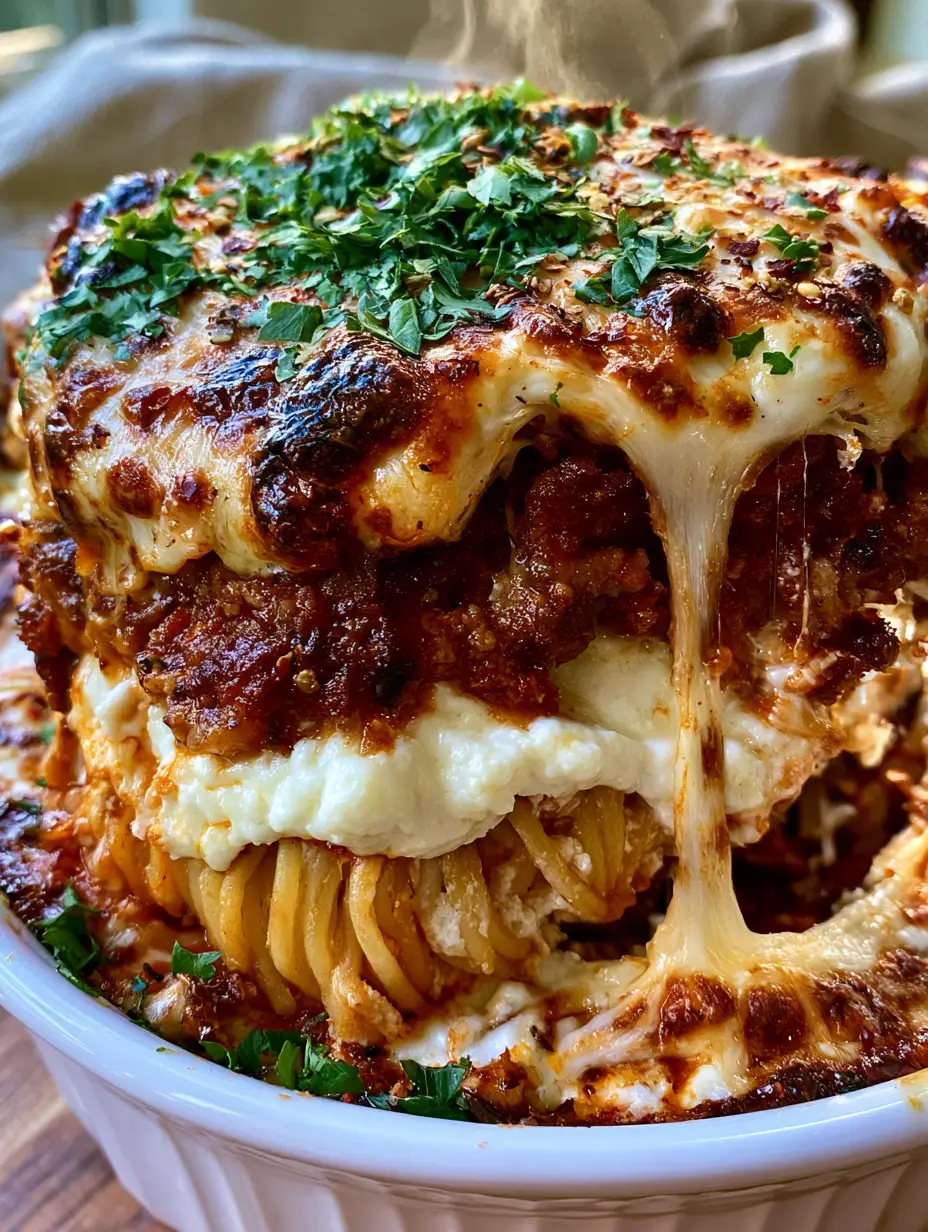 Extreme close up side view of a large scoop of Million dollar spaghetti being lifted, showing al dente noodles, white cream cheese layer, and red bolognese.