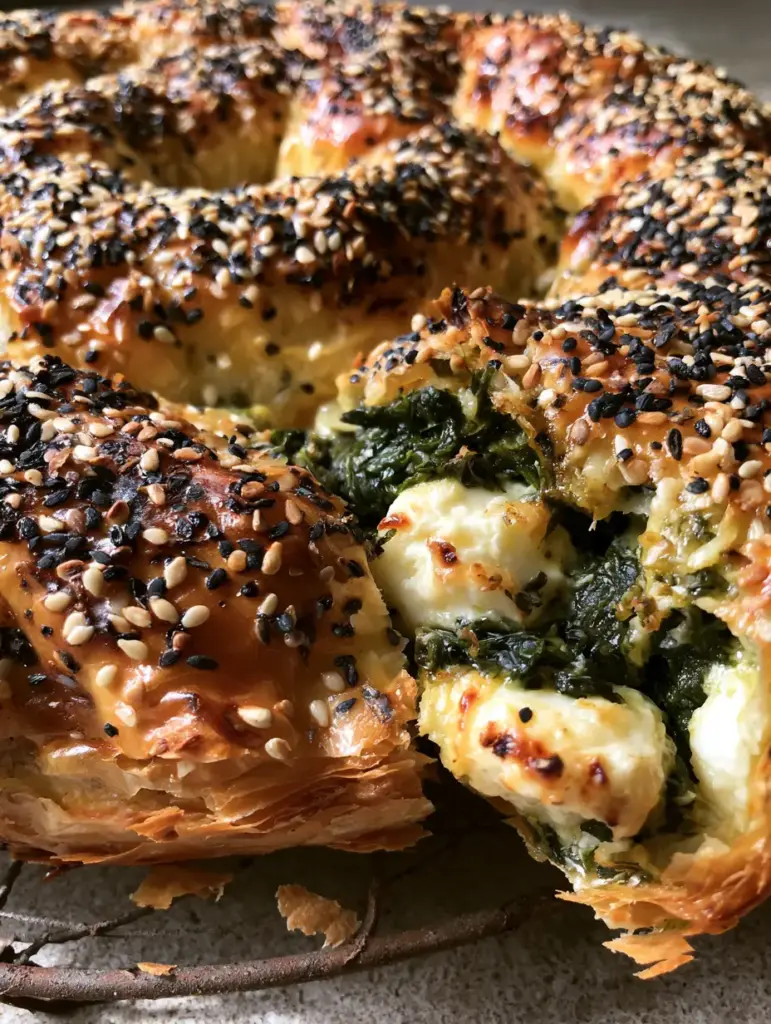 A torn piece of Borek showing wilted spinach and melted feta chunks interior. (Borek recipe)