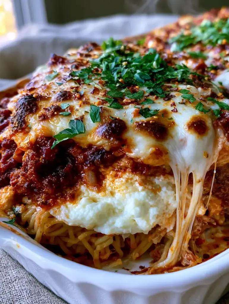 Top view of Million dollar spaghetti in a white dish featuring charred golden-brown mozzarella bubbles and fresh parsley garnish.