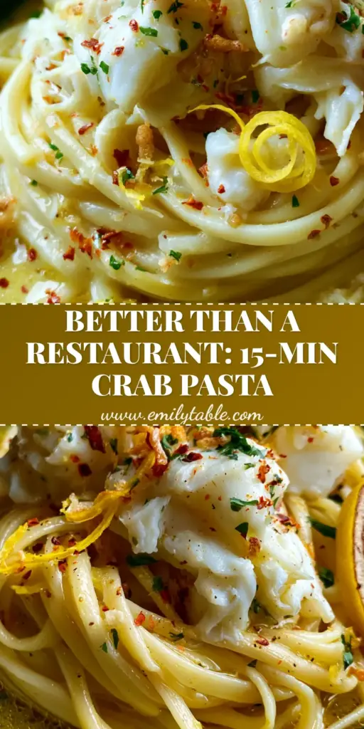 A tall Pinterest pin showing a close-up twirl of crab pasta with massive jumbo lump crab chunks and toasted garlic slivers.