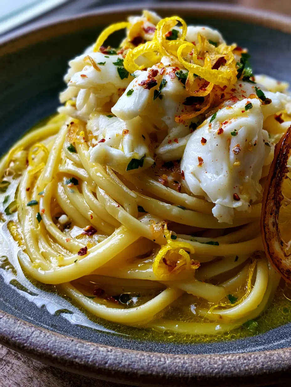 Extreme macro close-up of glossy crab pasta linguine with tiny sauce bubbles and lemon zest curls. (crab pasta)