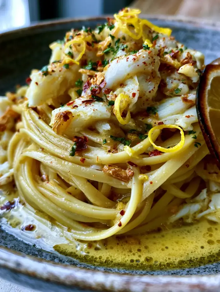 Succulent jumbo lump crab meat chunks atop a bed of garlic butter pasta in a charcoal bowl.