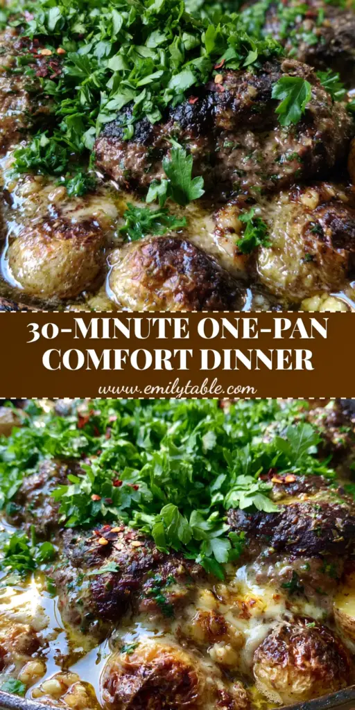 Meatballs and Potatoes in a Shimmering Garlic Butter Skillet 3 A top-down view of Meatballs and Potatoes in a rustic black cast iron skillet with shimmering garlic butter sauce and fresh parsley.