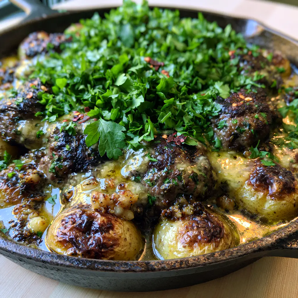 Meatballs and Potatoes in a Shimmering Garlic Butter Skillet 2 Close up of caramelized beef Meatballs and Potatoes with blistered skins in a cast iron pan.