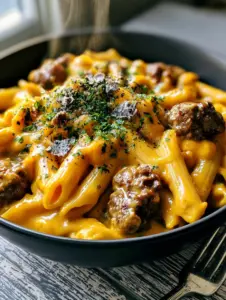 Overhead view of cheesy ground beef pasta showing al dente penne and seared beef crumbles.