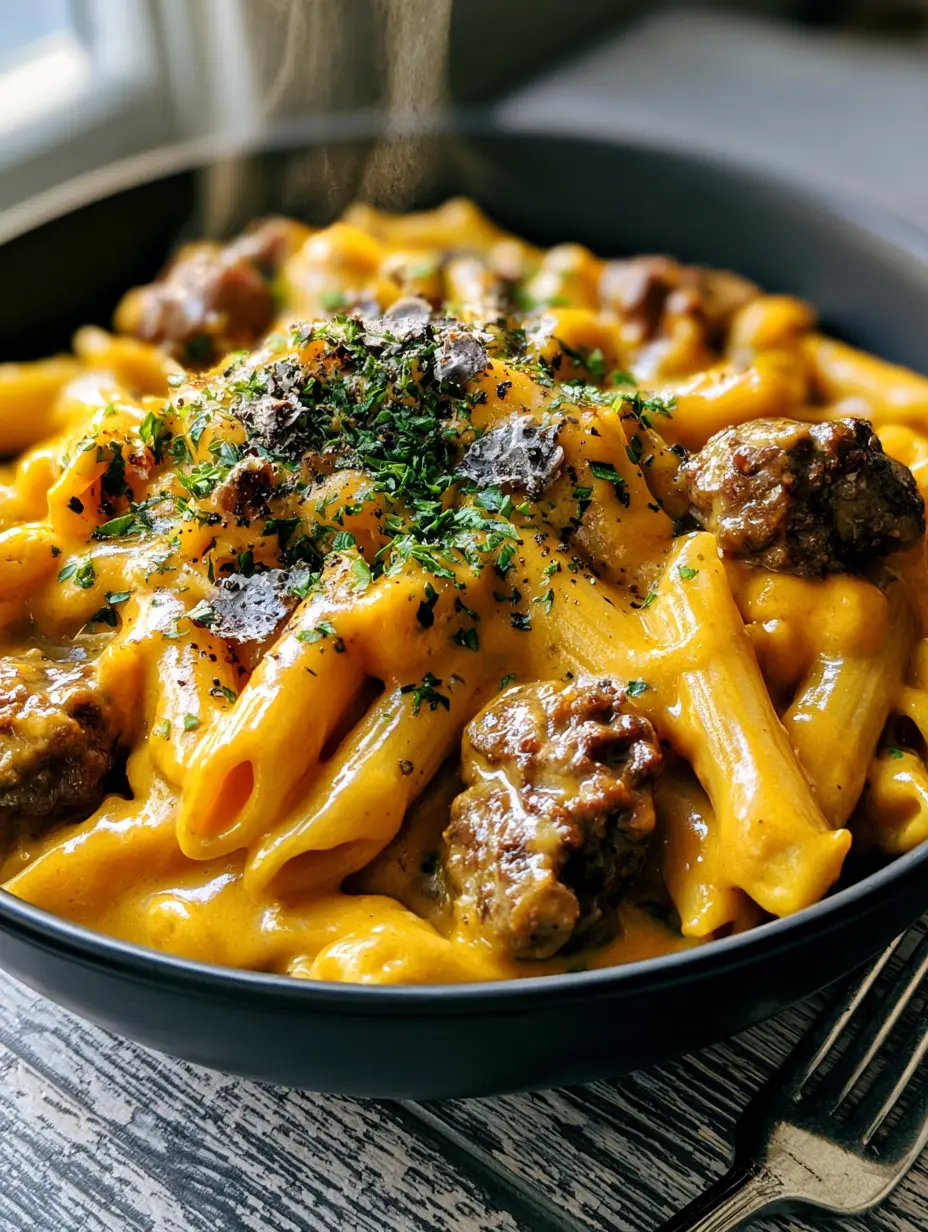 Cheesy Ground Beef Pasta: The Ultimate Velvety One-Pot Comfort Meal 3 Overhead view of cheesy ground beef pasta showing al dente penne and seared beef crumbles.