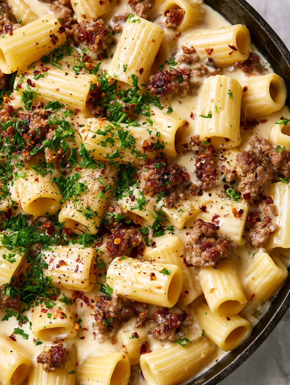 Close up of glossy garlic butter beef pasta showing the thick cream sauce and caramelized beef edges on rigatoni.
