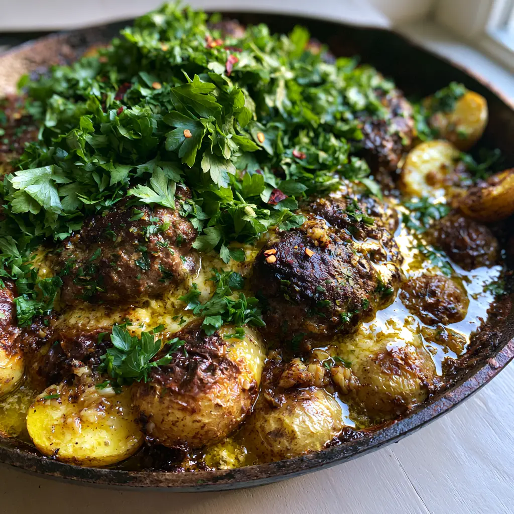 Meatballs and Potatoes in a Shimmering Garlic Butter Skillet 1 Glistening garlic butter sauce pooling around Meatballs and Potatoes in a skillet.