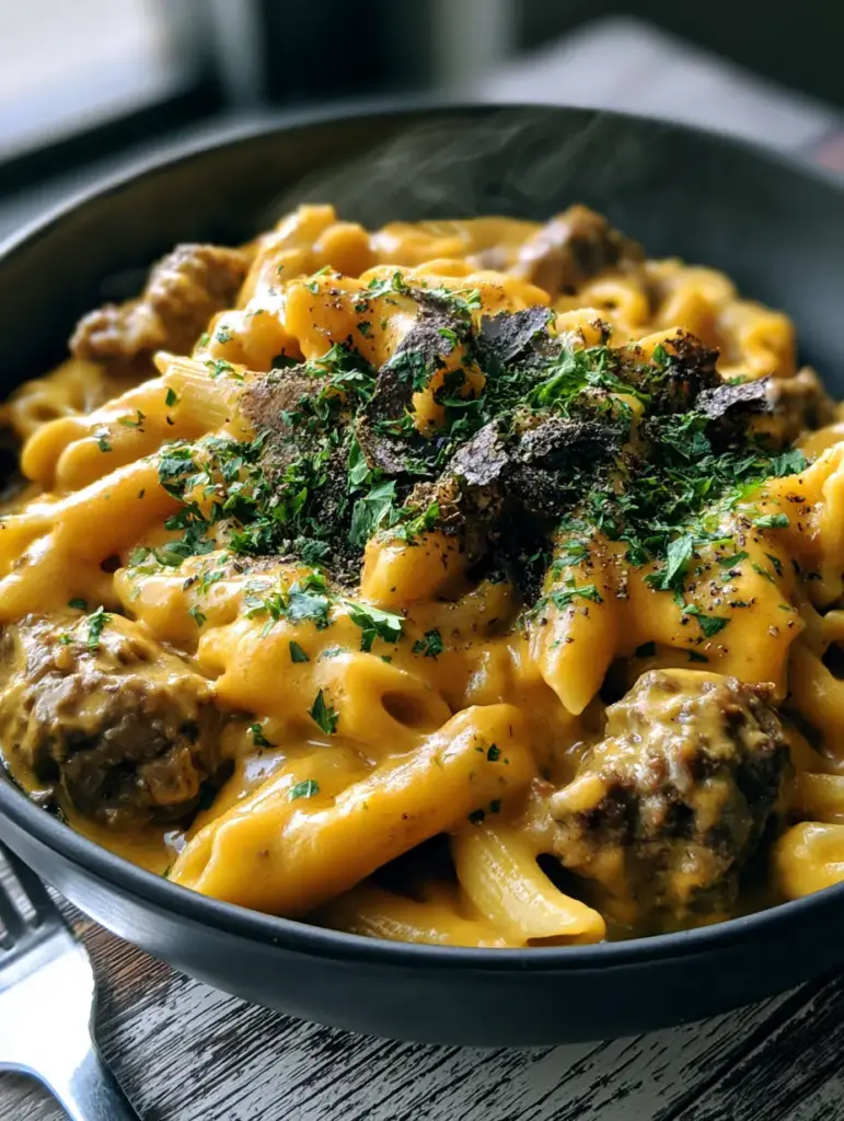 Cheesy Ground Beef Pasta: The Ultimate Velvety One-Pot Comfort Meal 1 Close-up of the steam rising from a bowl of glossy cheesy ground beef pasta.