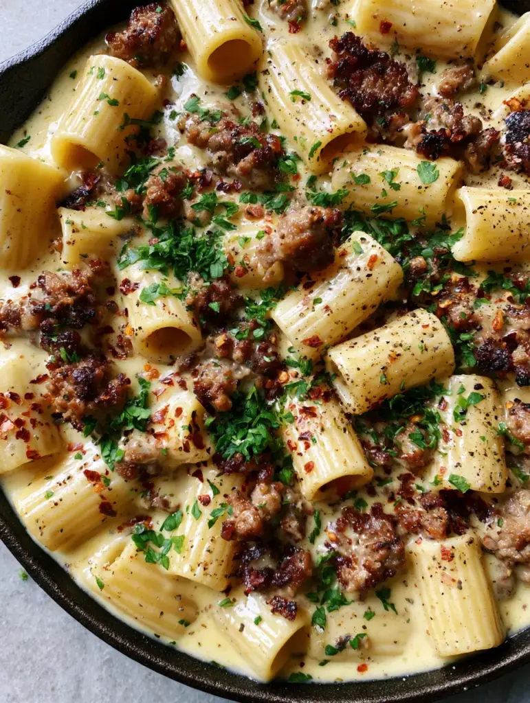 Overhead view of one-pot garlic butter beef pasta garnished with parsley and red pepper flakes in a cast iron pan.