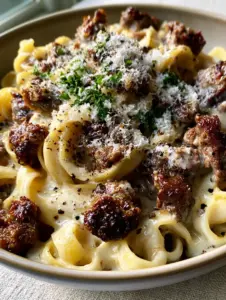 Macro photo of creamy Beef and Garlic Butter Pasta showing the glossy sauce sheen and crispy beef edges.