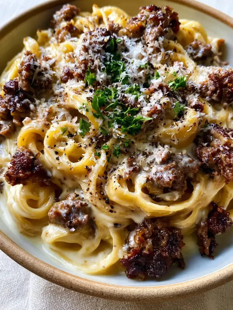 Beef and Garlic Butter Pasta with Caramelized Ground Beef 1 A rustic bowl filled with Beef and Garlic Butter Pasta, topped with micro-planed parmesan and fresh parsley.
