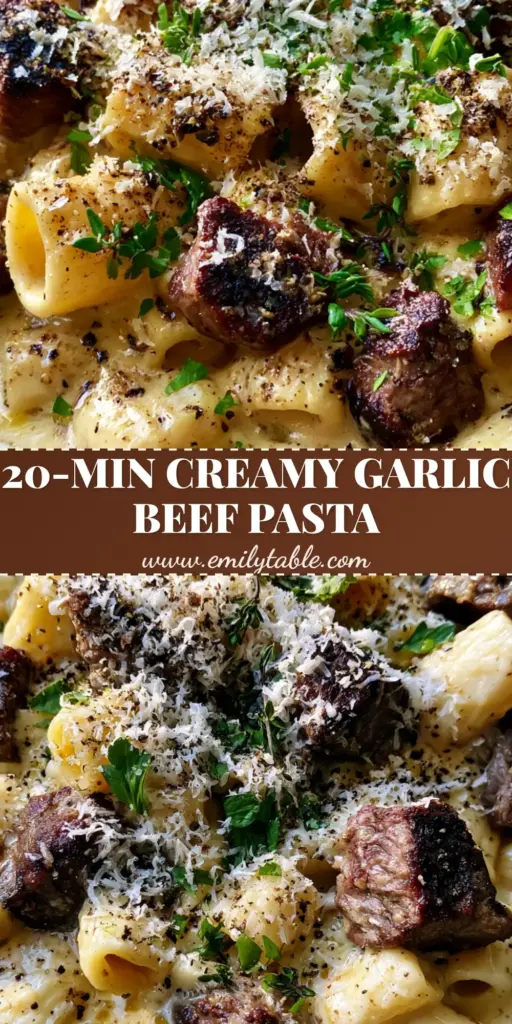 Close-up of Garlic Beef Pasta with charred steak cubes and creamy rigatoni in a dark grey bowl.