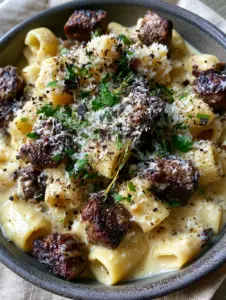 Overhead smartphone photo of Garlic Beef Pasta with glistening butter sauce and fresh thyme.