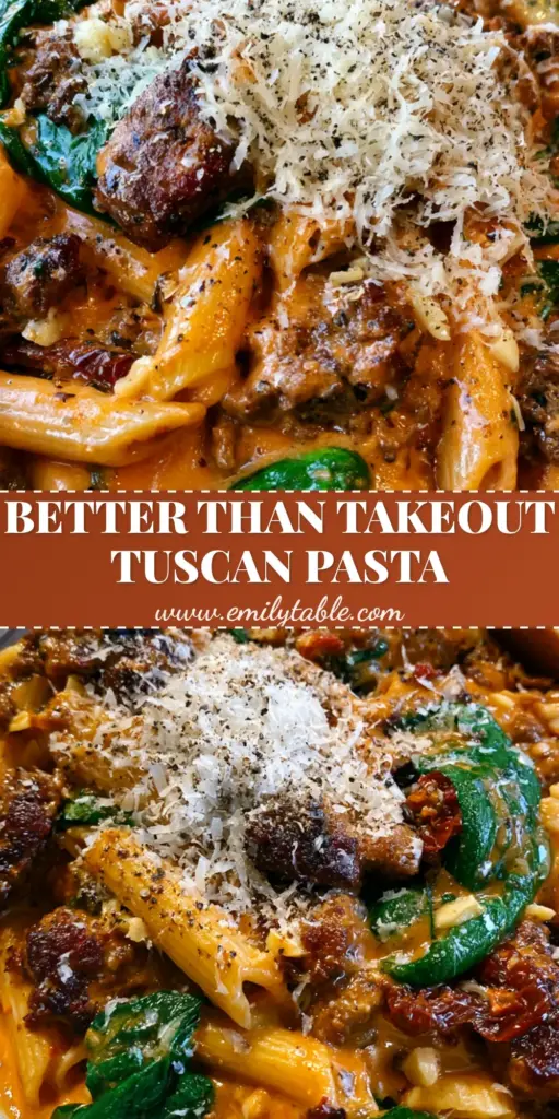 A shallow ceramic bowl of Tuscan ground beef pasta with creamy sun-dried tomato sauce, spinach, and a heavy snowfall of parmesan cheese.