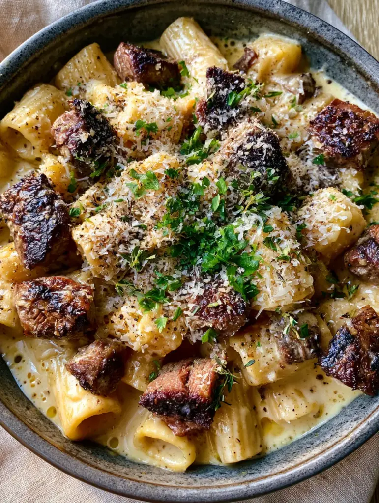 Close up shot showing the charred edges of steak bites in a creamy garlic beef pasta dish.