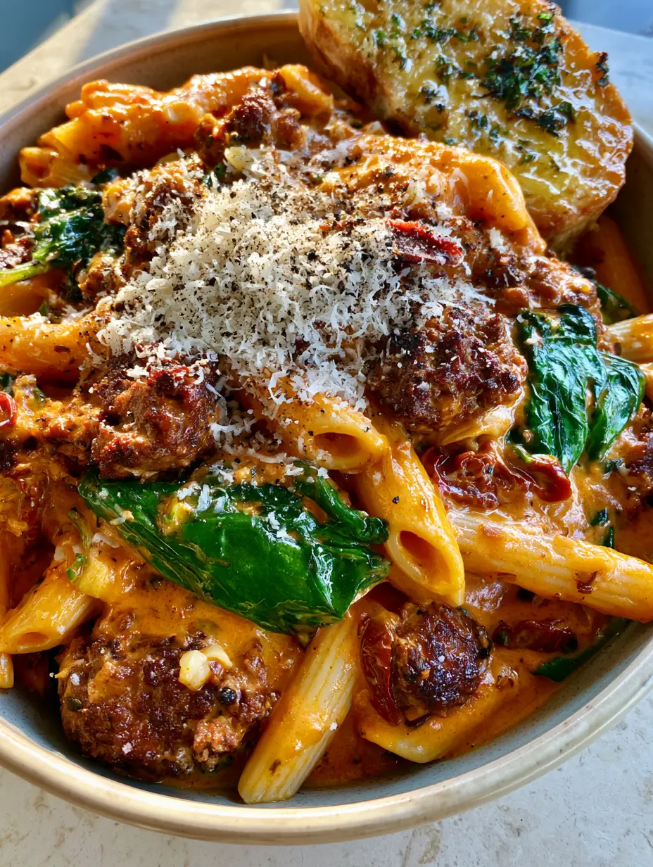 High-angle shot of Tuscan ground beef pasta in a ceramic bowl on an off-white stone countertop with garlic bread on the side.