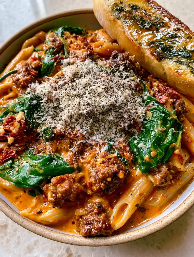 Close up of penne pasta drenched in thick orange-red sun-dried tomato cream sauce with seared beef crumbles.