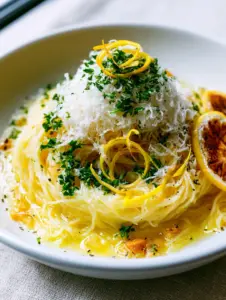 Macro shot of angel hair pasta glistening in a golden lemon garlic butter sauce with visible specks of black pepper and toasted garlic.