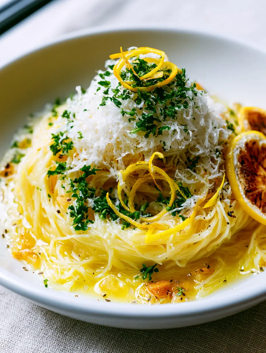 Macro shot of angel hair pasta glistening in a golden lemon garlic butter sauce with visible specks of black pepper and toasted garlic.