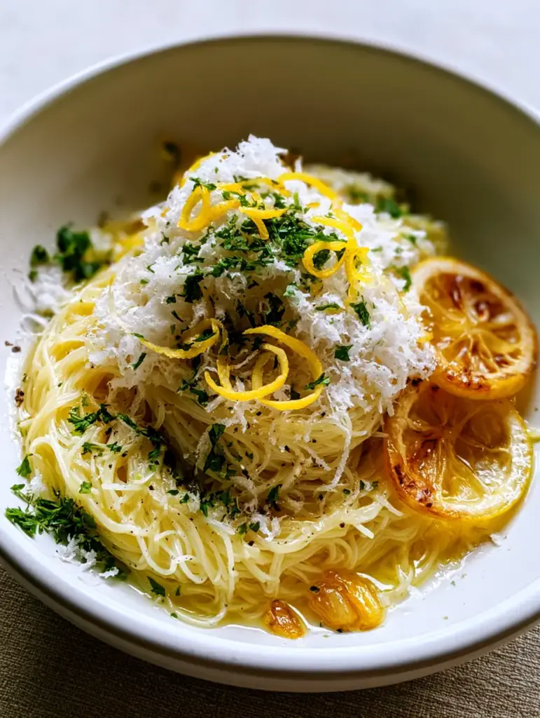 Extreme close up of angel hair pasta topped with micro-planed parmesan cheese and delicate lemon zest spirals.