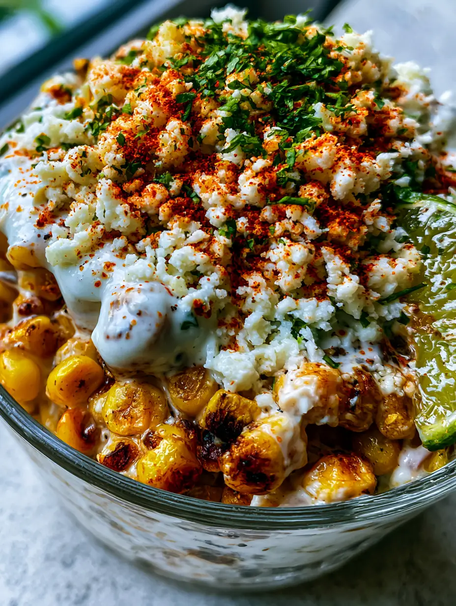 Mexican Street Corn Esquites: The Ultimate Charred Street Corn Salad Recipe 3 Extreme close-up of charred corn kernels folded into velvety white crema dressing. (Mexican Street Corn Esquites)